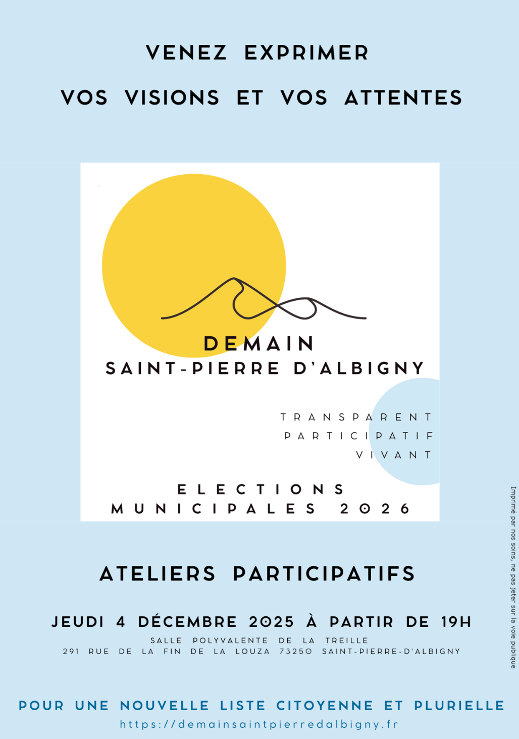 Venez exprimer vos visions et vos attentes. Le jeudi 4 décembre à partir de 19h. Salle polyvalente de la treille. Saint-Pierre-d'Albigny.